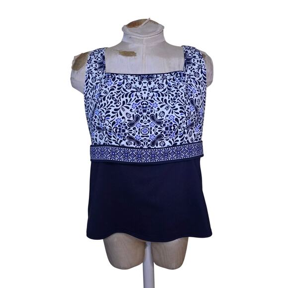 Lands End Underwire Square Neck Tankini‎ Top Navy /White Floral Sz 18W - Picture 1 of 6